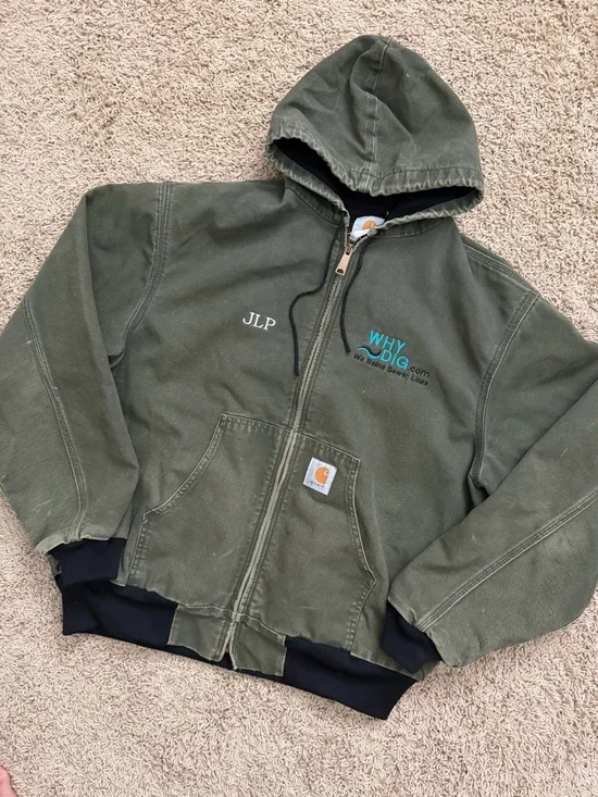 Vintage Carhartt JR104 Sz L Hooded Olive Green Canvas Jacket Thermal Lined Mens - Picture 2 of 7